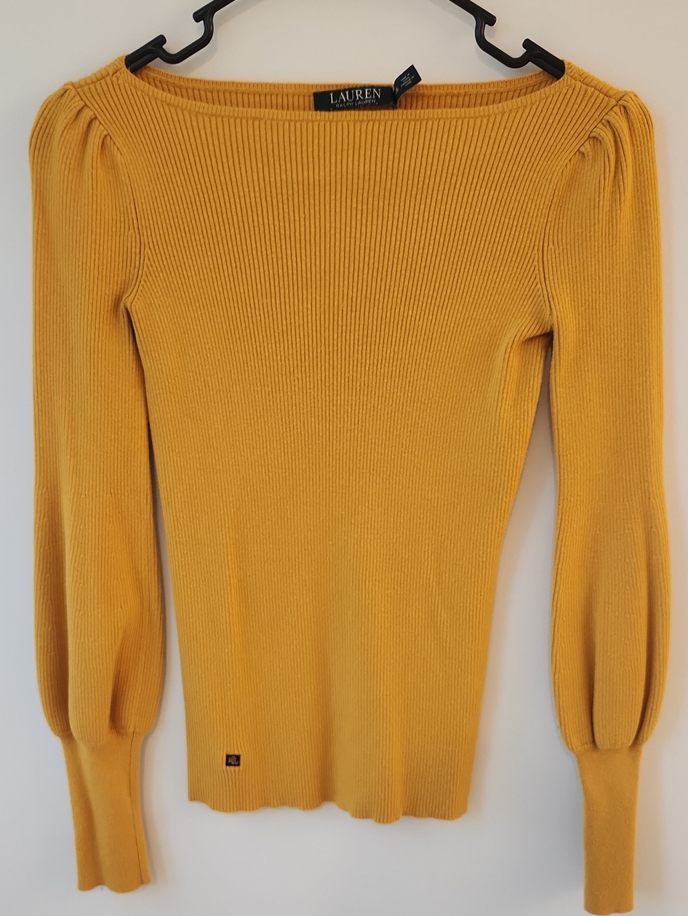 Ralph Lauren Mustard Ribbed Puff-Sleeve Boatneck Sweater